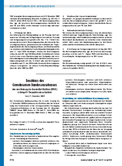 Vorschauseite 1: Beschluss des Gemeinsamen Bundesausschusses über eine Änderung der Arzneimittel-Richtlinie (AM-RL) in Anlage IV: Therapiehinweis zu Ezetimib Vom 17. Dezember 2009
