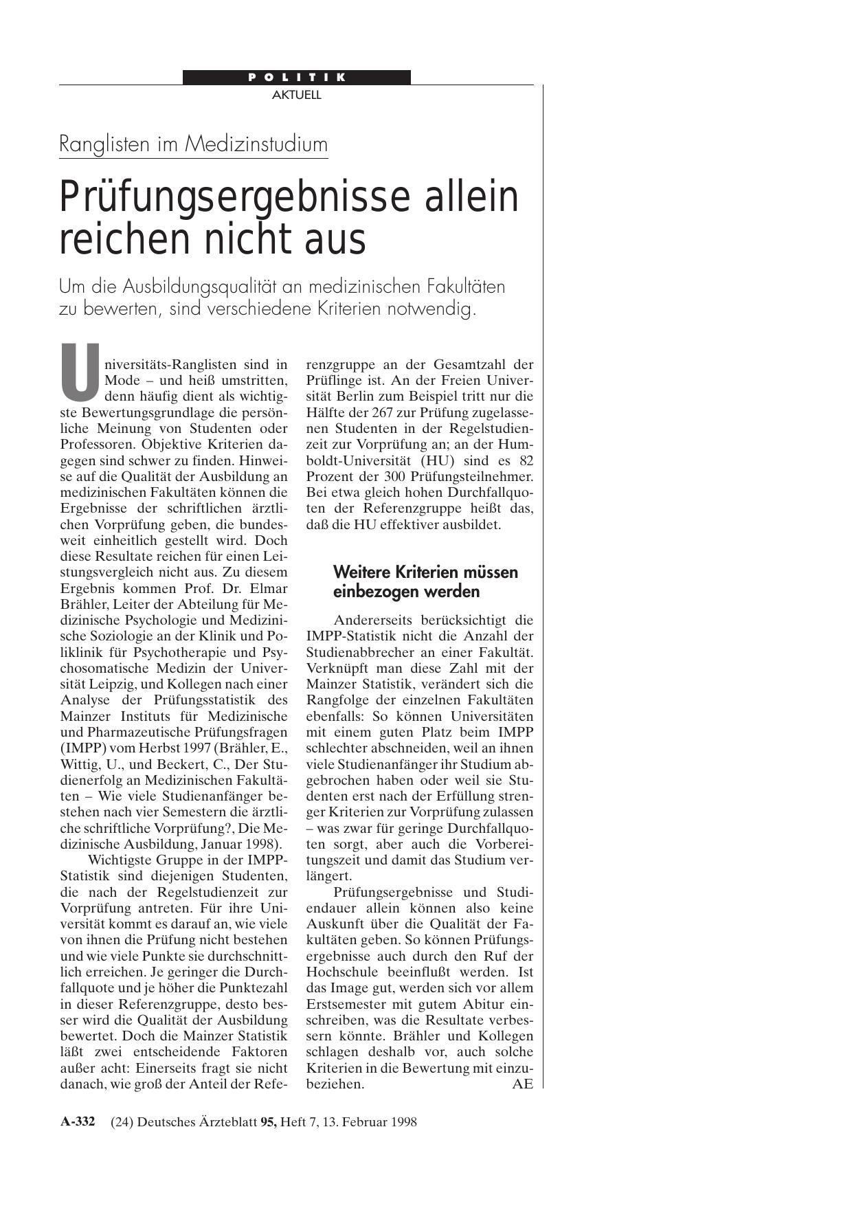Vorschauseite 1: Ranglisten im Medizinstudium: Prüfungsergebnisse allein reichen nicht aus