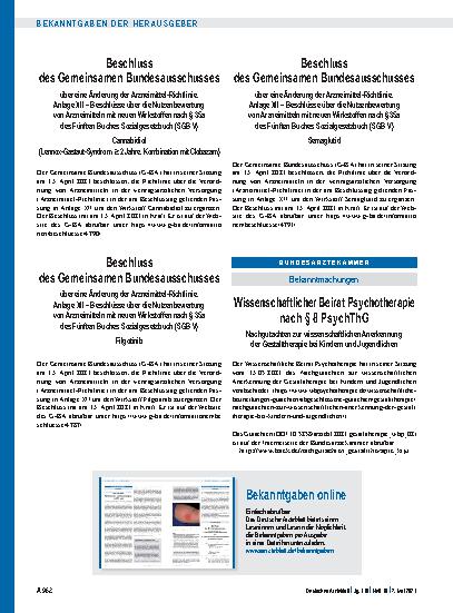 Vorschauseite 1: Beschluss des Gemeinsamen Bundesausschusses über eine Änderung der Arzneimittel-Richtlinie: Anlage XII – Cannabidiol (Lennox-Gastaut-Syndrom, ≥ 2 Jahre, Kombination mit Clobazam)