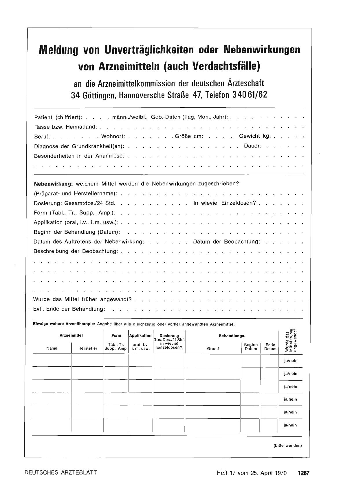 Vorschauseite 1: Meldung von Unverträglichkeiten oder Nebenwirkungen von Arzneimitteln