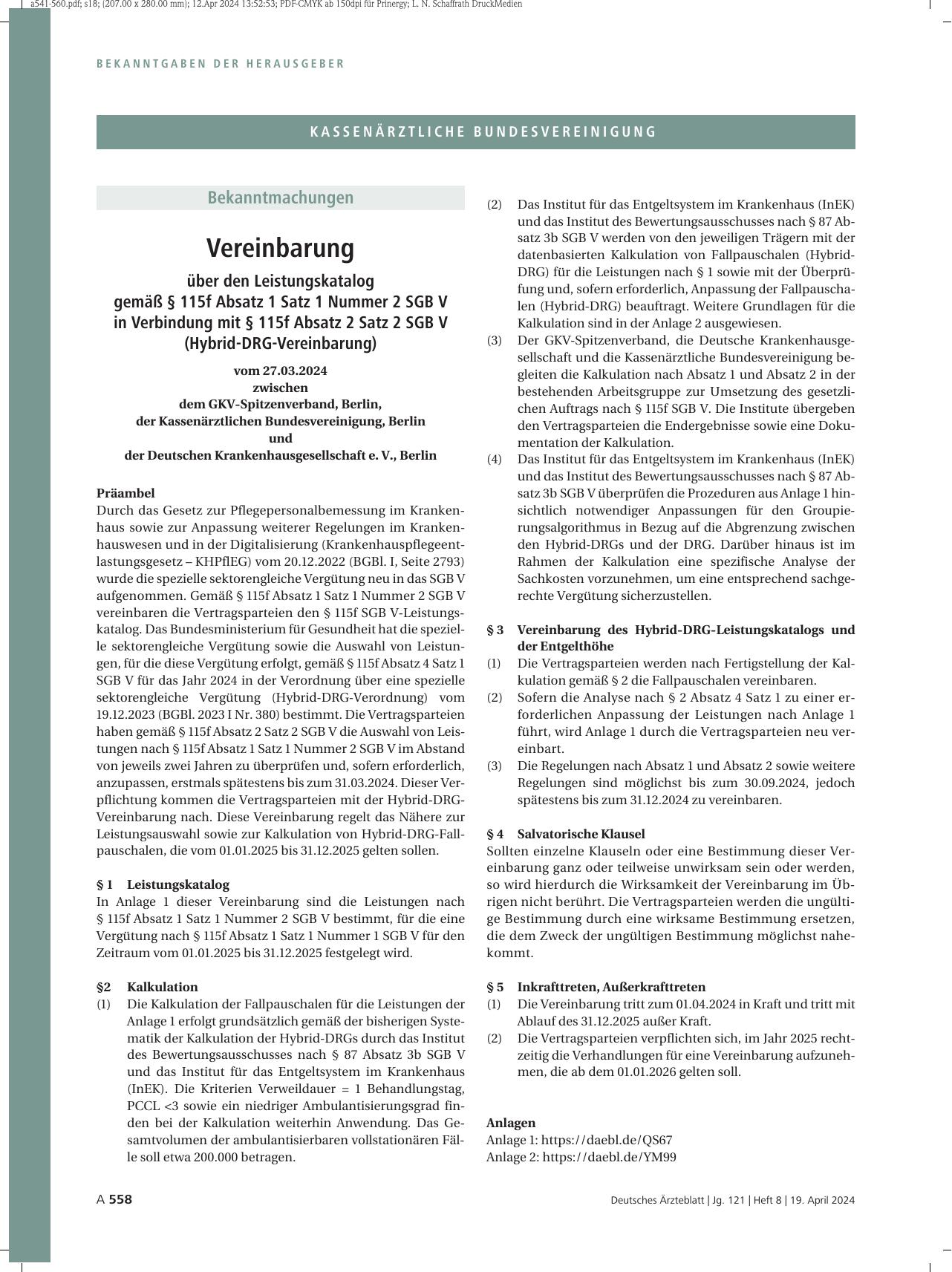 Vorschauseite 1: Vereinbarung über den Leistungskatalog gemäß § 115f Absatz 1 Satz 1 Nummer 2 SGB V in Verbindung mit § 115f Absatz 2 Satz 2 SGB V (Hybrid-DRG-Vereinbarung)
