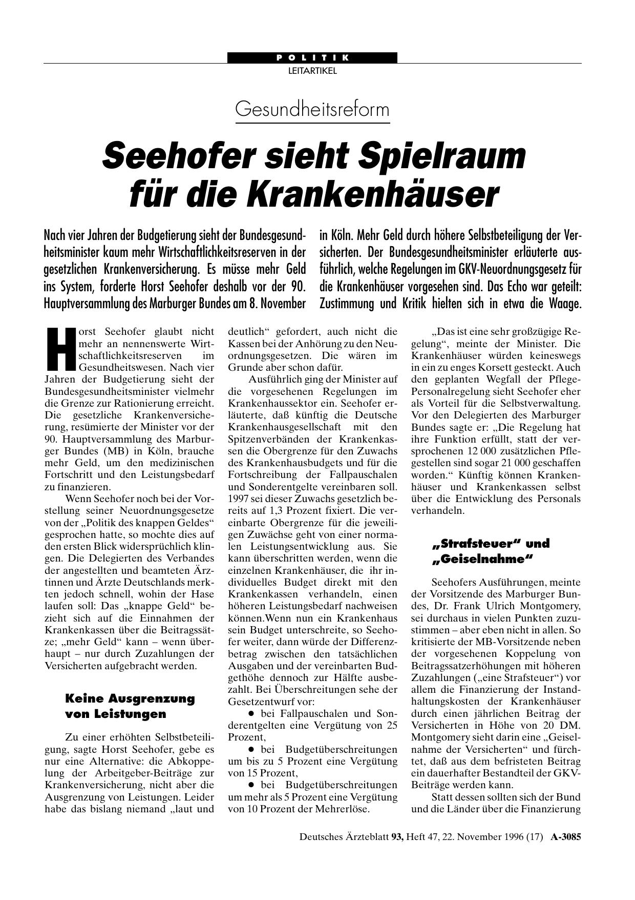 Vorschauseite 1: Gesundheitsreform: Seehofer sieht Spielraum für die Krankenhäuser