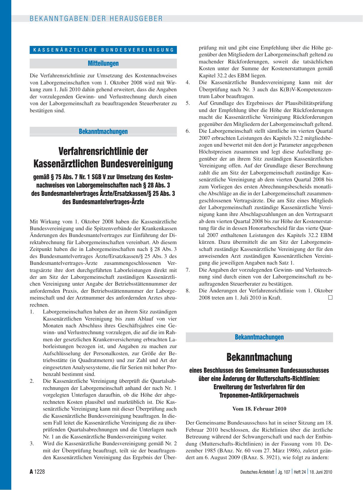 Vorschauseite 1: Verfahrensrichtlinie der Kassenärztlichen Bundesvereinigung gemäß § 75 Abs. 7 Nr. 1 SGB V zur Umsetzung des Kostennachweises von Laborgemeinschaften nach § 28 Abs. 3 des Bundesman…