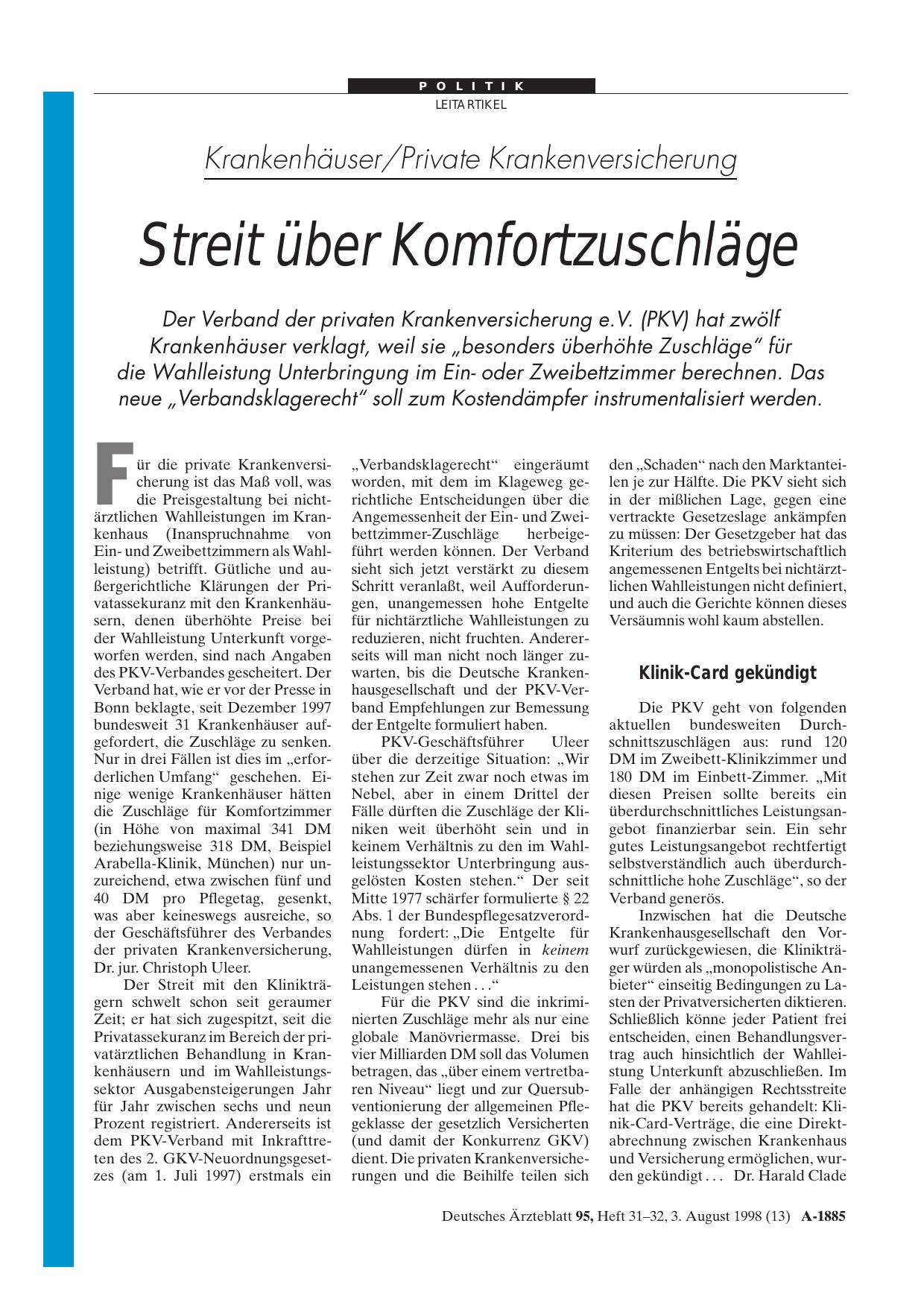 Vorschauseite 1: Krankenhäuser/Private Krankenversicherung: Streit über Komfortzuschläge