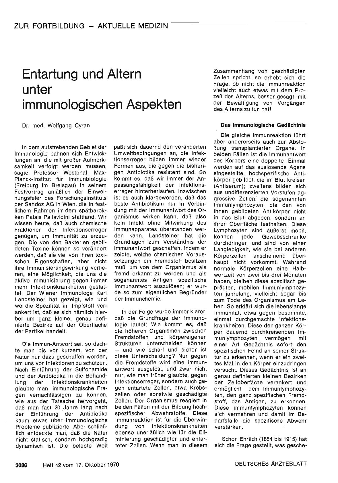 Vorschauseite 1: Entartung und Altern unter immunologischen Aspekten