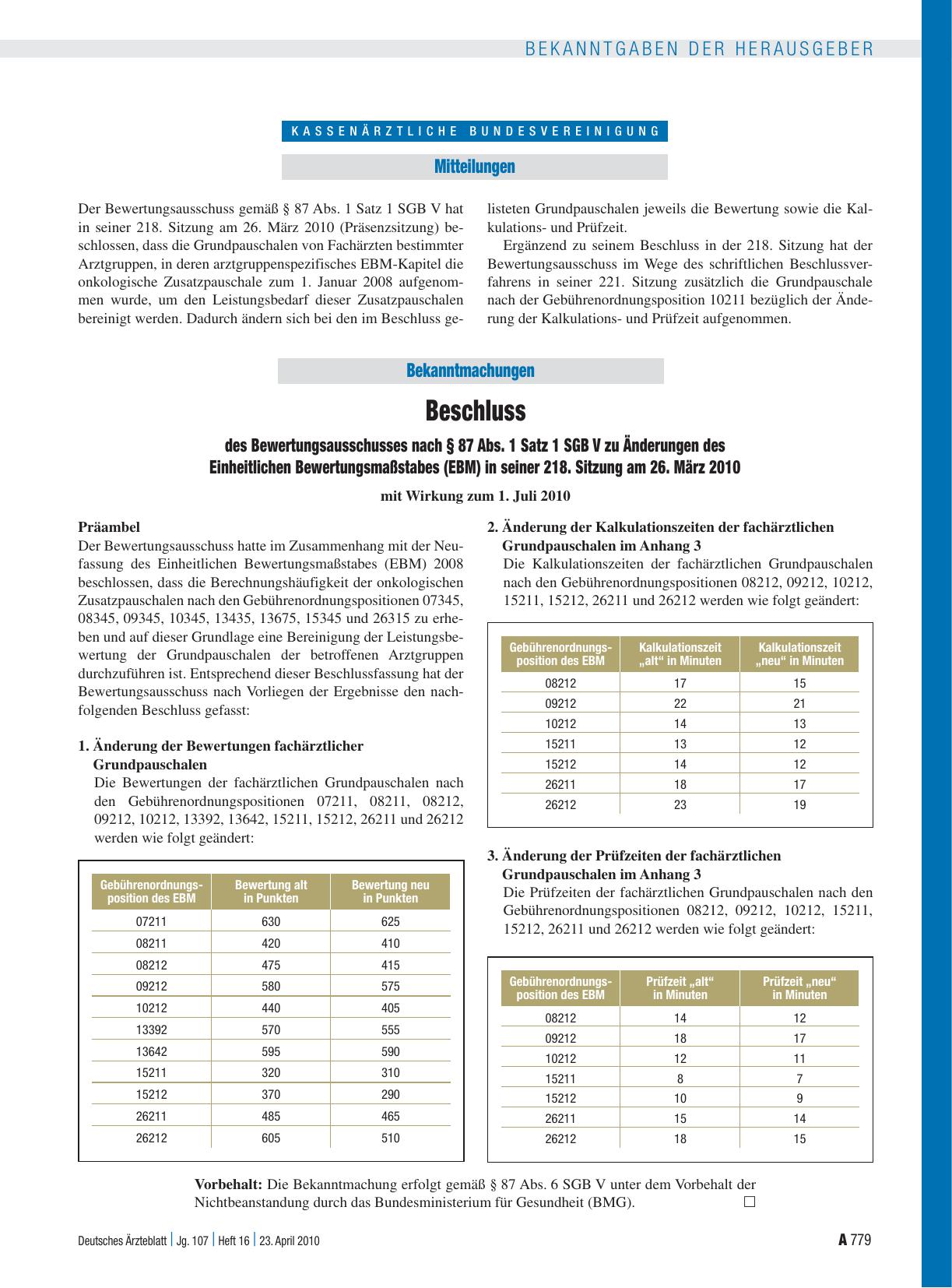 Vorschauseite 1: Bekanntmachungen: Beschluss des Bewertungsausschusses nach § 87 Abs. 1 Satz 1 SGB V zu Änderungen des Einheitlichen Bewertungsmaßstabes (EBM) in seiner 218. Sitzung am 26. März 20…