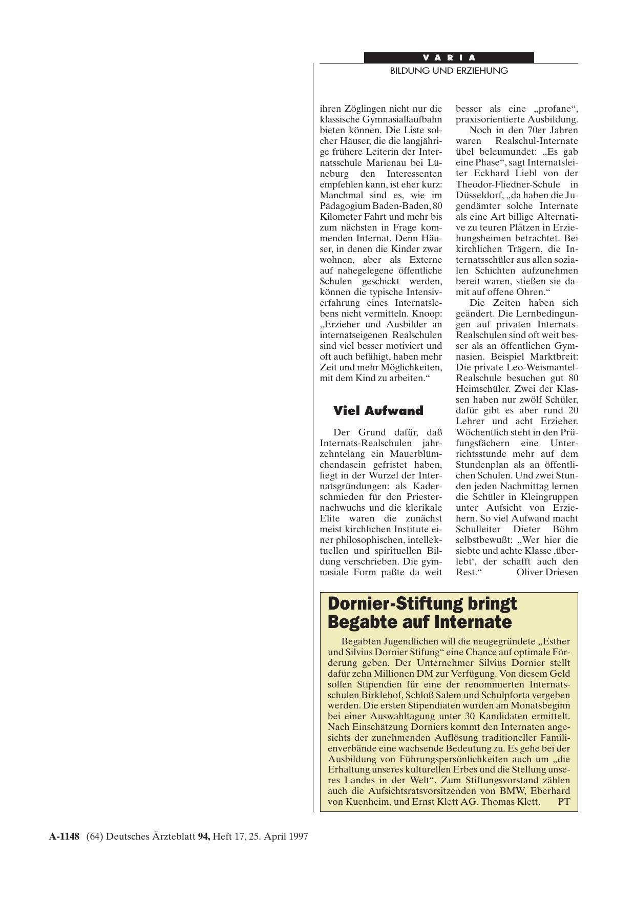 Vorschauseite 1: Dornier-Stiftung bringt Begabte auf Internate
