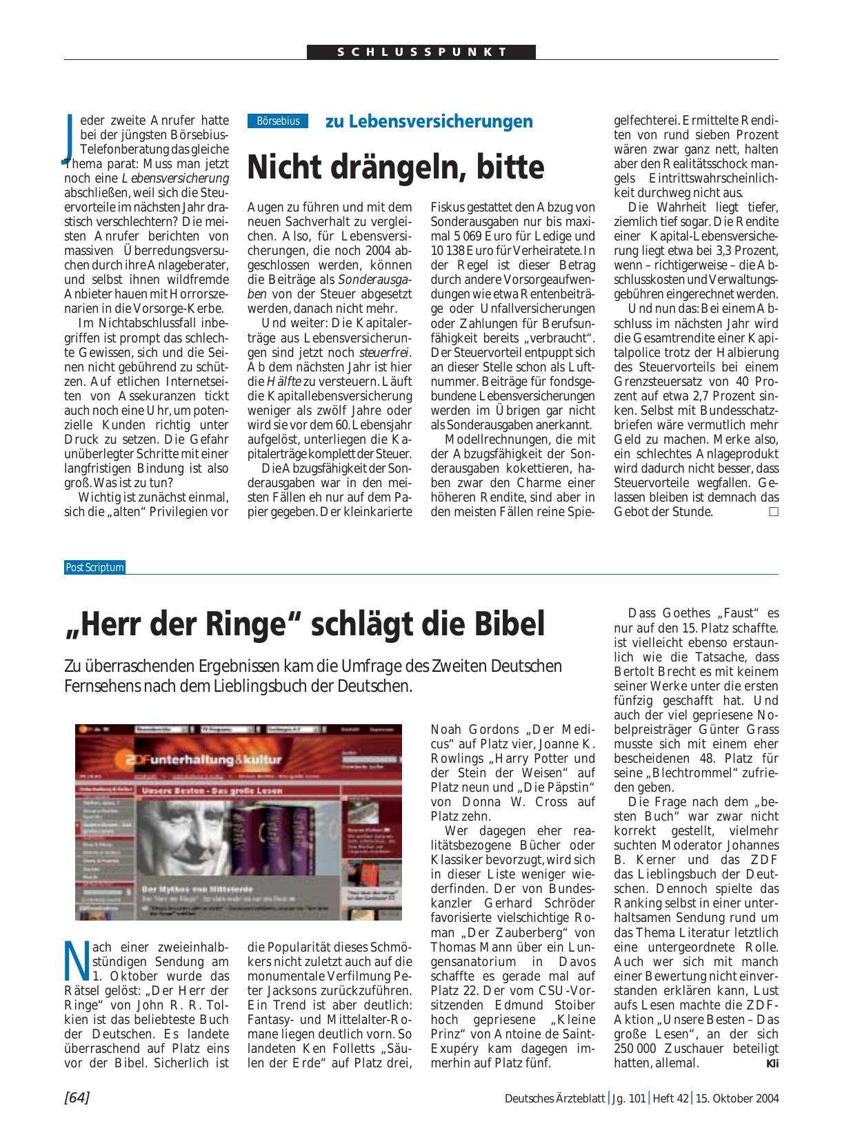 Vorschauseite 1: „Herr der Ringe“ schlägt die Bibel: Zu überraschenden Ergebnissen kam die Umfrage des Zweiten Deutschen Fernsehens nach dem Lieblingsbuch der Deutschen.