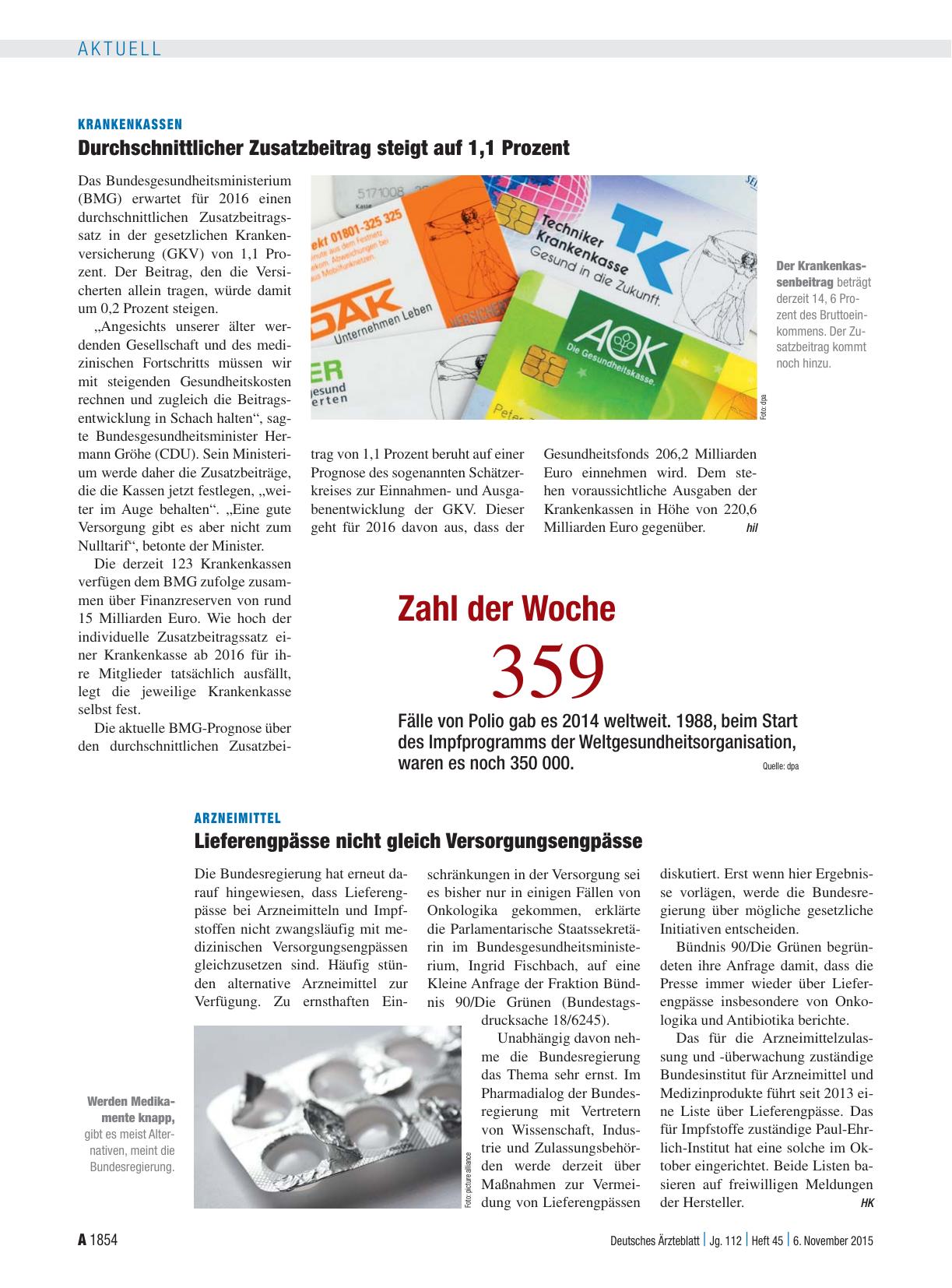 Vorschauseite 1: Krankenkassen: Durchschnittlicher Zusatzbeitrag steigt auf 1, 1 Prozent