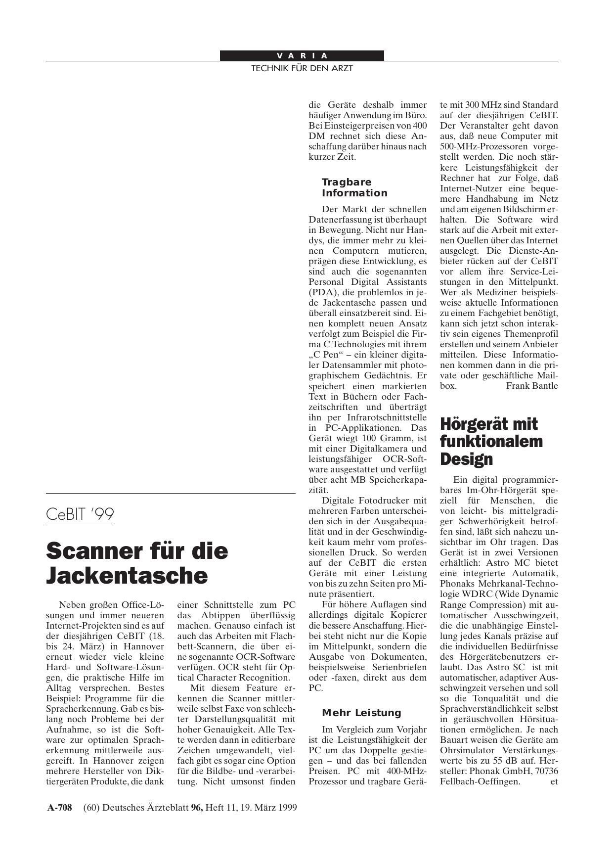 Vorschauseite 1: CeBIT '99: Scanner für die Jackentasche