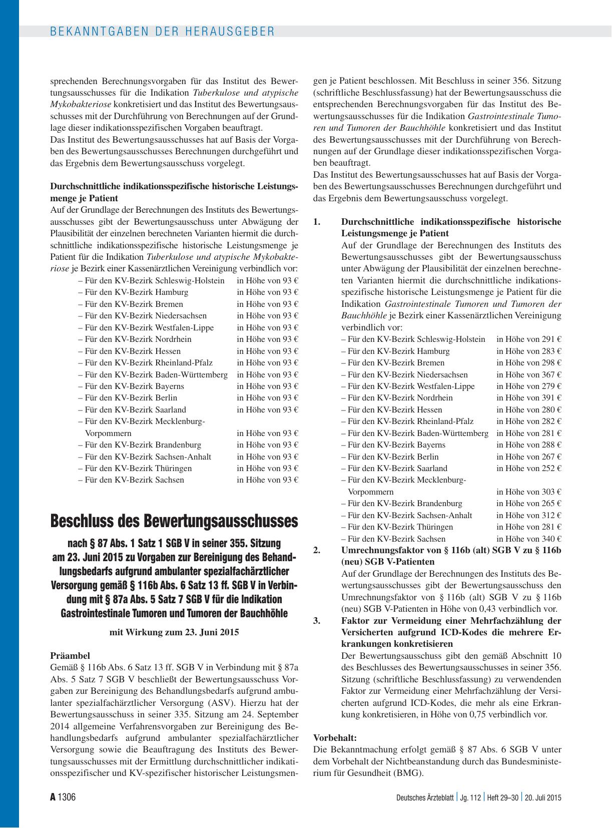 Vorschauseite 1: Beschluss des Bewertungsausschusses nach § 87 Abs. 1 Satz 1 SGB V in seiner 355. Sitzung am 23. Juni 2015 zu Vorgaben zur Bereinigung des Behandlungsbedarfs aufgrund ambulanter sp…