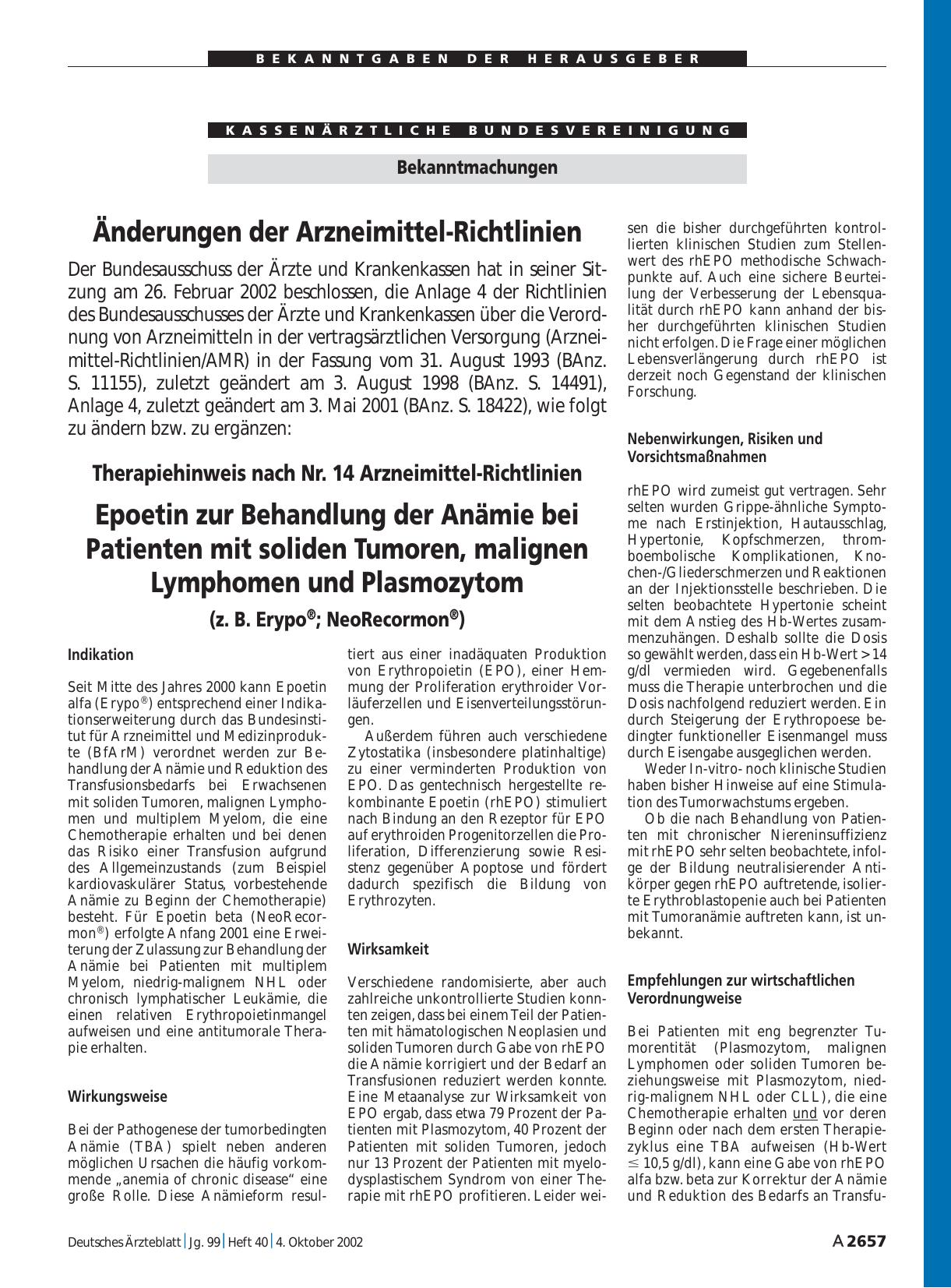 Vorschauseite 1: Bekanntmachungen: Änderungen der Arzneimittel-Richtlinien