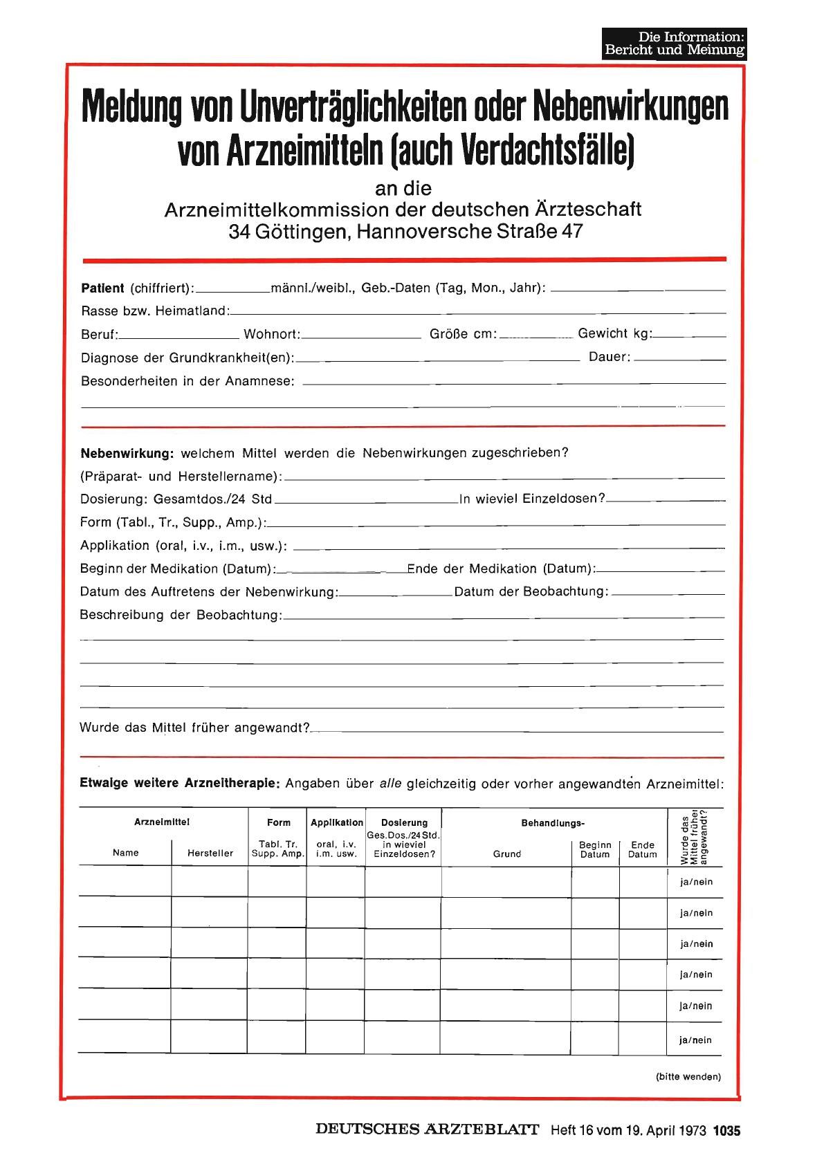 Vorschauseite 1: Meldung von Unverträglichkeiten oder Nebenwirkungen von Arzneimitteln