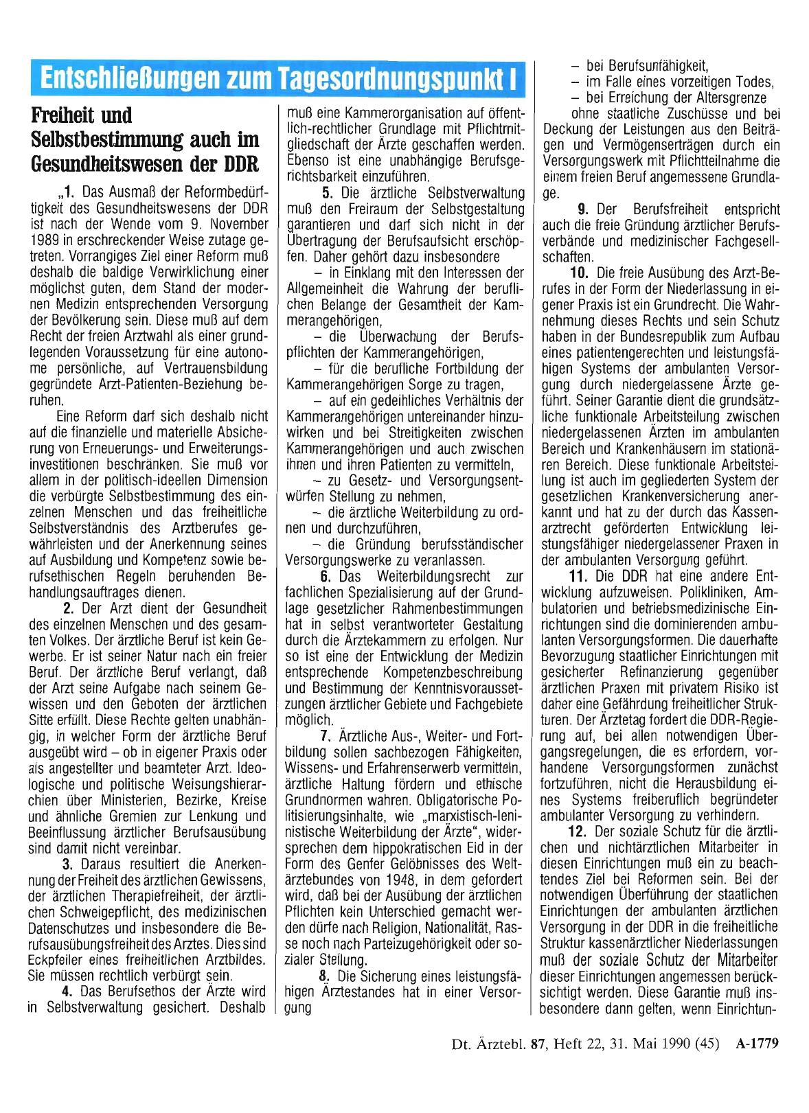 Vorschauseite 1: Entschließungen zum Tagesordungspunkt I