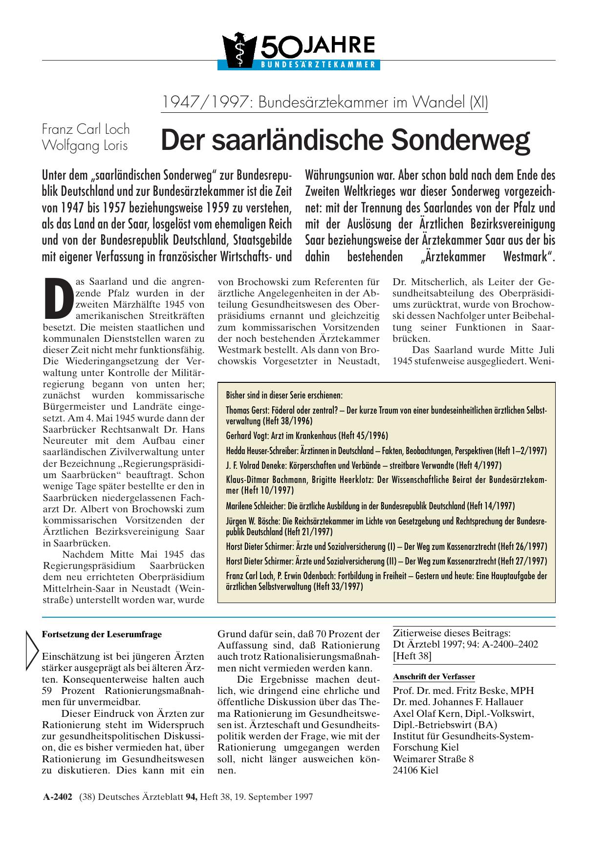 Vorschauseite 1: 1947/1997 – Bundesärztekammer im Wandel (XI): Der saarländische Sonderweg
