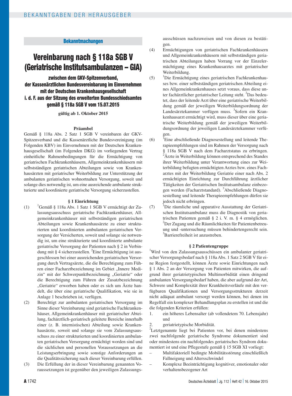 Vorschauseite 1: Vereinbarung nach § 118a SGB V (Geriatrische Institutsambulanzen – GIA) zwischen dem GKV-Spitzenverband, der Kassenärztlichen Bundesvereinbarung im Einvernehmen mit der Deutschen…