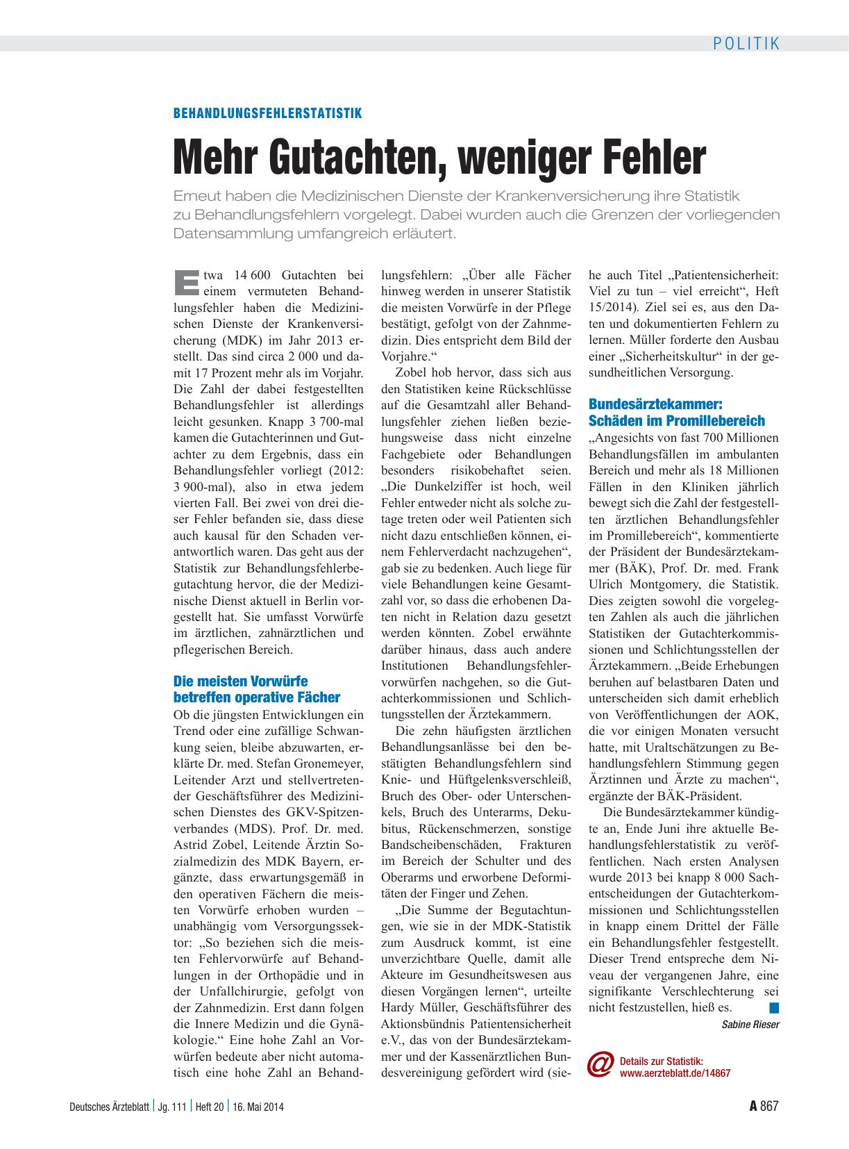 Vorschauseite 1: Behandlungsfehlerstatistik: Mehr Gutachten, weniger Fehler