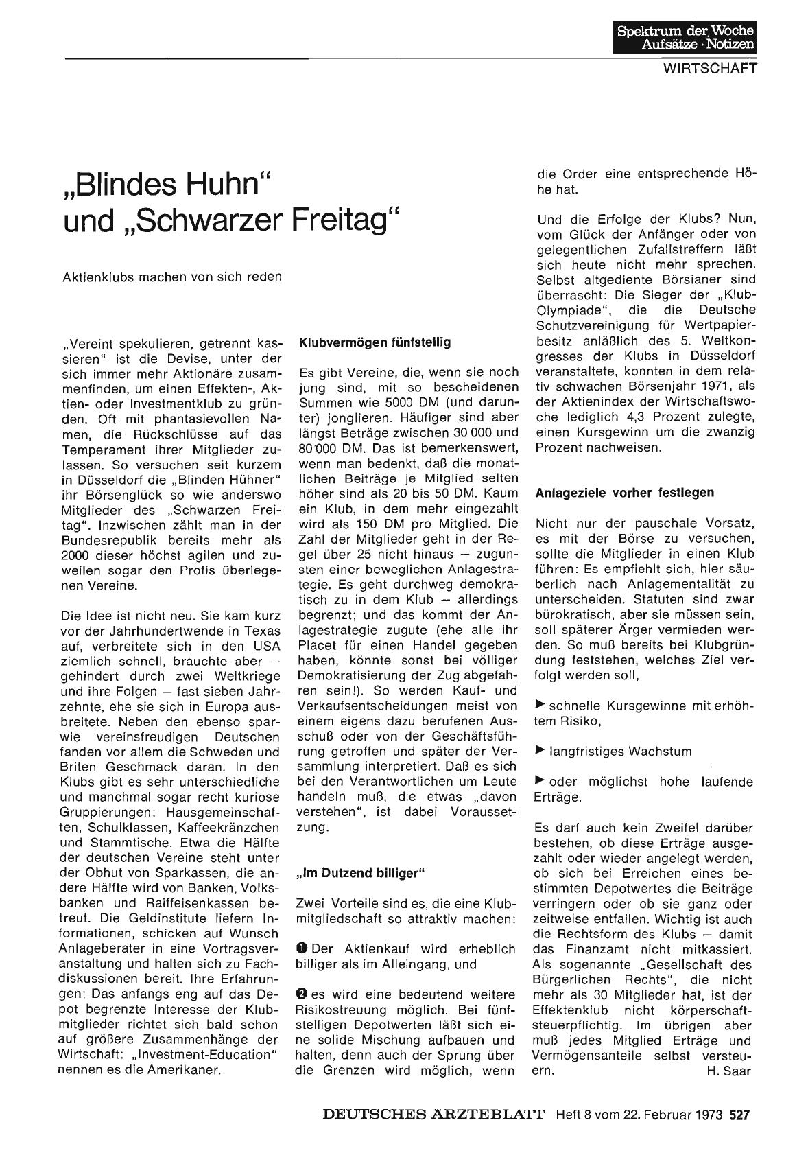 Vorschauseite 1: "Blindes Huhn" und "Schwarzer Freitag" Aktienklubs machen von sich reden