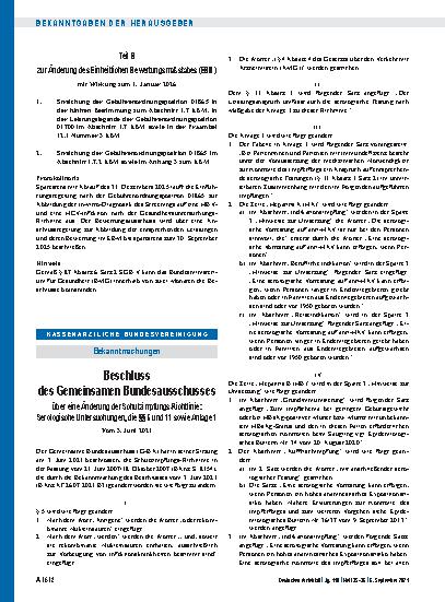 Vorschauseite 1: Beschluss des Gemeinsamen Bundesausschusses über eine Änderung der Schutzimpfungs-Richtlinie: Serologische Untersuchungen, die §§ 5 und 11 sowie Anlage 1