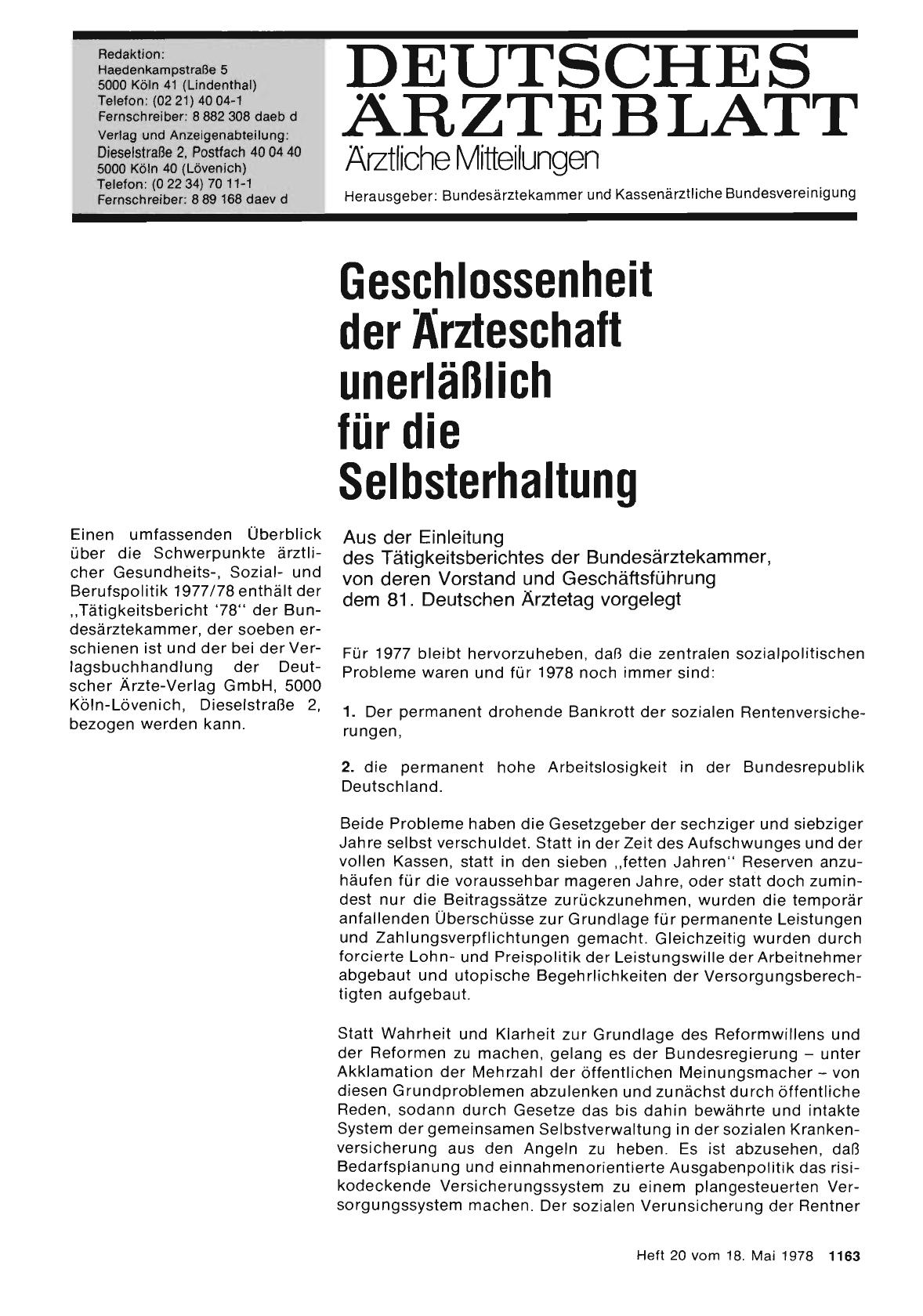 Vorschauseite 1: Geschlossenheit der Ärzteschaft unerläßlich für die Selbsterhaltung