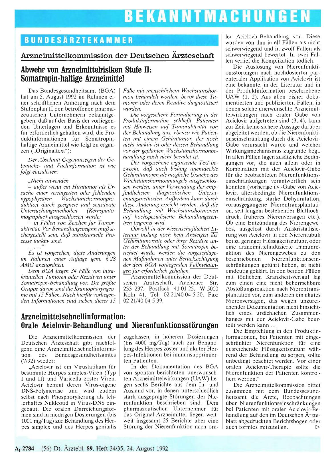 Vorschauseite 1: Arzneimittelschnellinformation: Orale Aciclovir-Behandlung und Nierenfunktionsstörungen