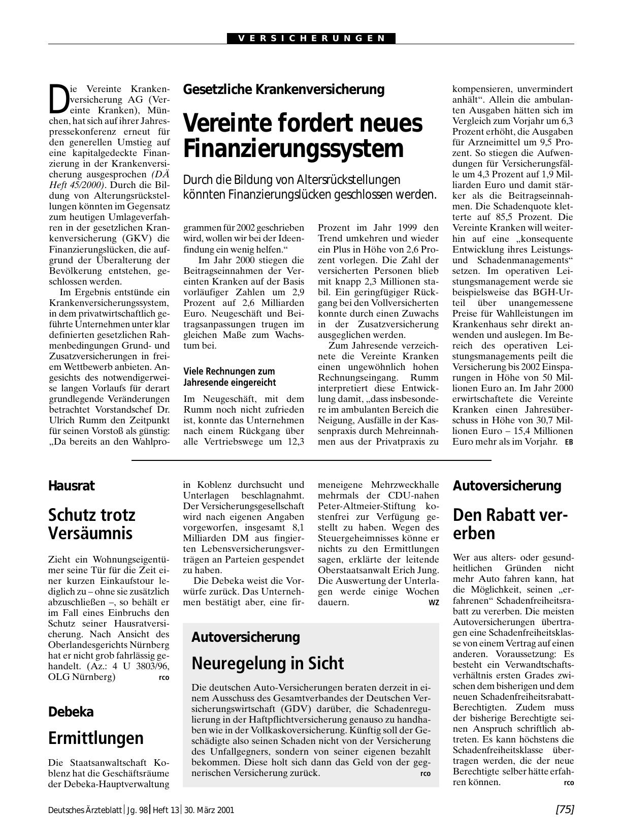 Vorschauseite 1: Gesetzliche Krankenversicherung: Vereinte fordert neues Finanzierungssystem