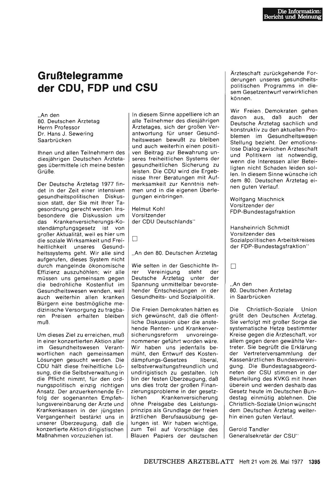 Vorschauseite 1: Grußtelegramme der CDU, FDP und CSU