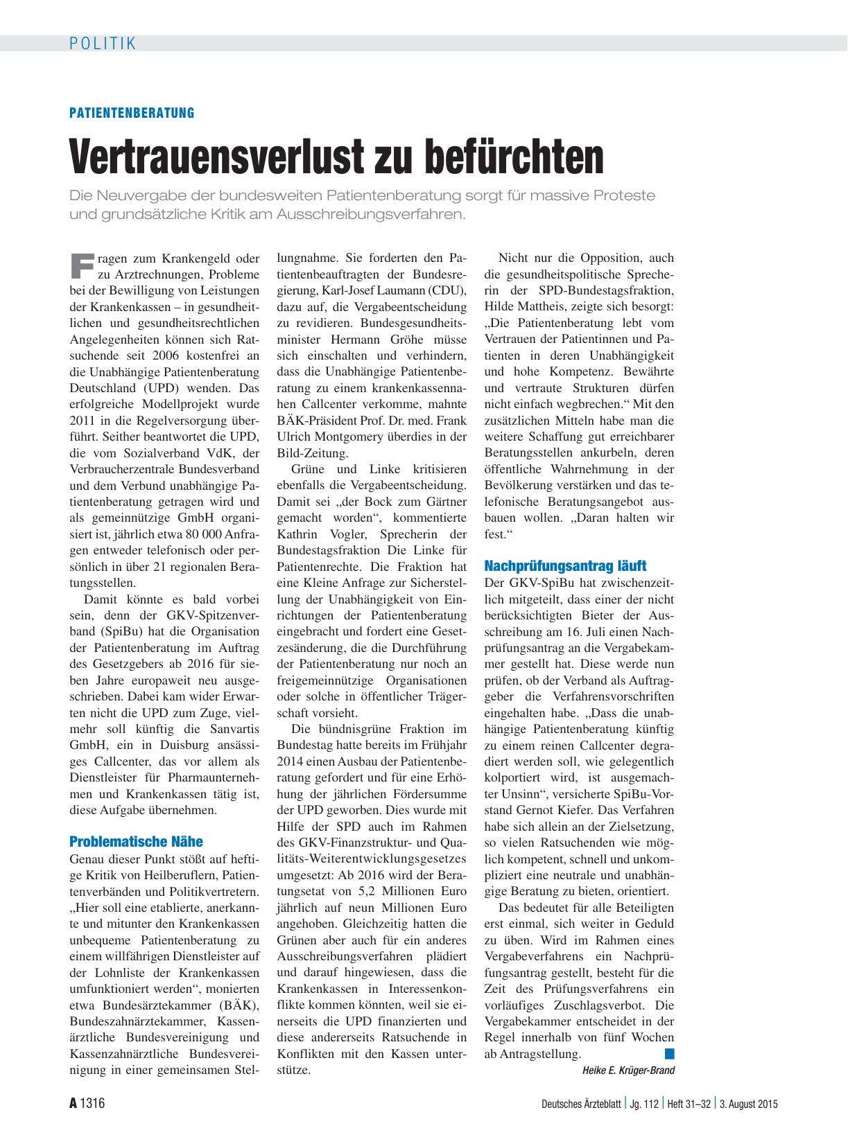 Vorschauseite 1: Patientenberatung: Vertrauensverlust zu befürchten