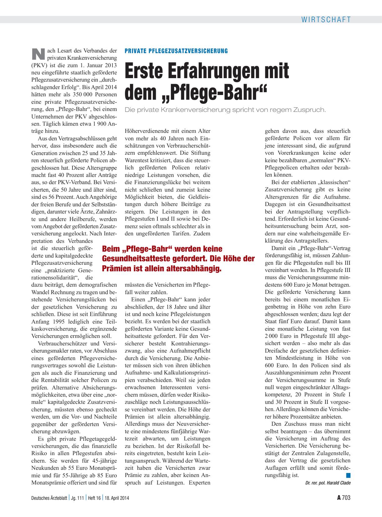Vorschauseite 1: Private Pflegezusatzversicherung: Erste Erfahrungen mit dem „Pflege-Bahr“