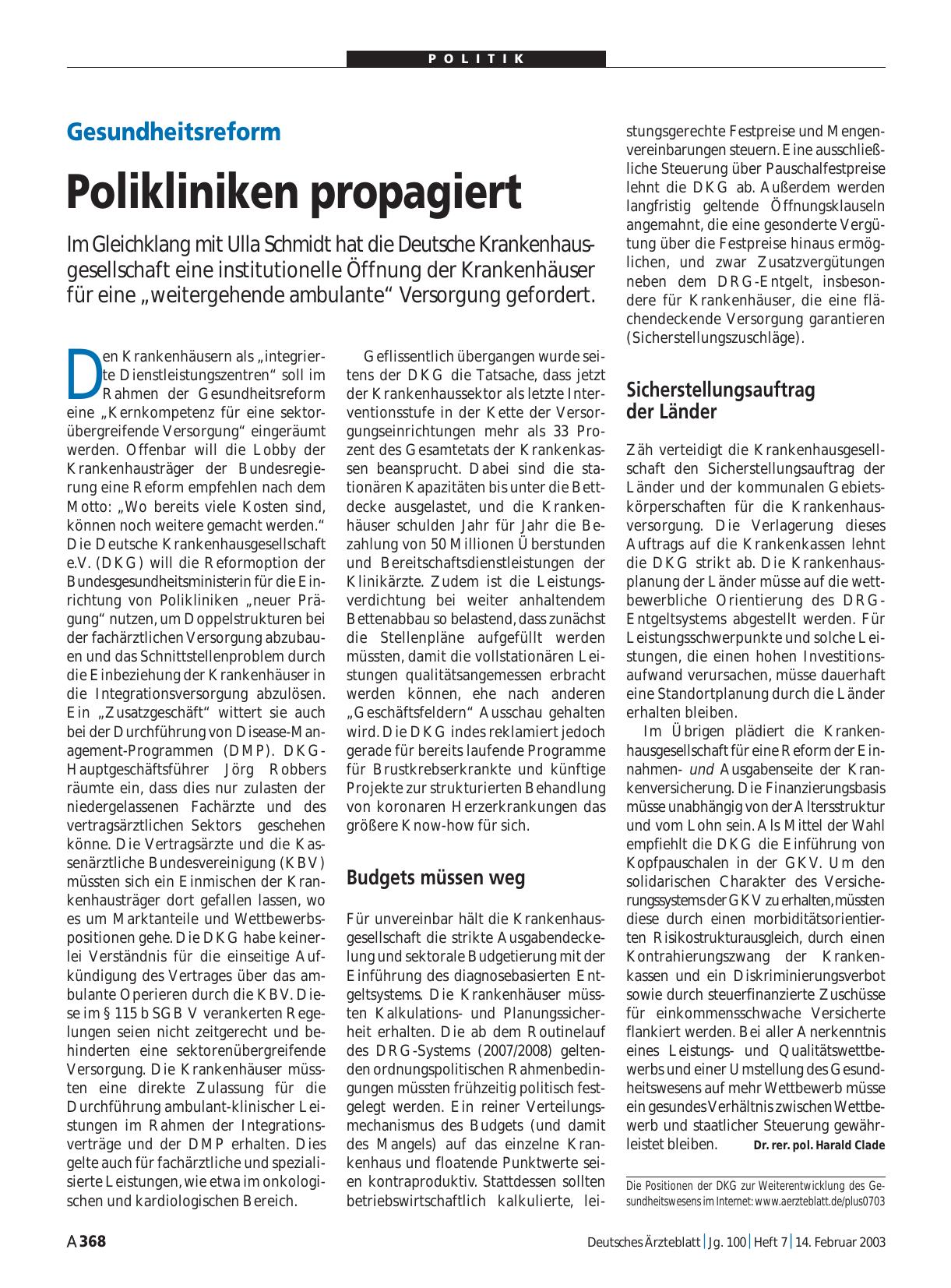 Vorschauseite 1: Gesundheitsreform: Polikliniken propagiert