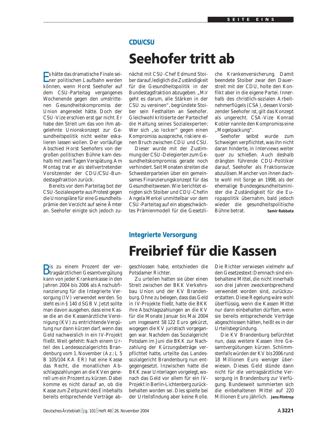 Vorschauseite 1: CDU/CSU: Seehofer tritt ab