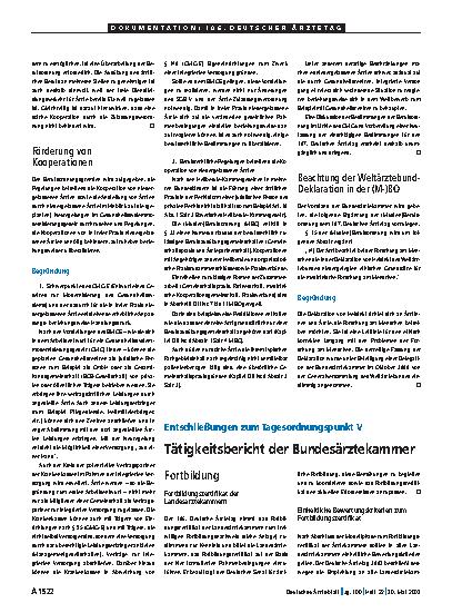 Vorschauseite 1: Entschließungen zum Tagesordnungspunkt V: Tätigkeitsbericht der Bundesärztekammer