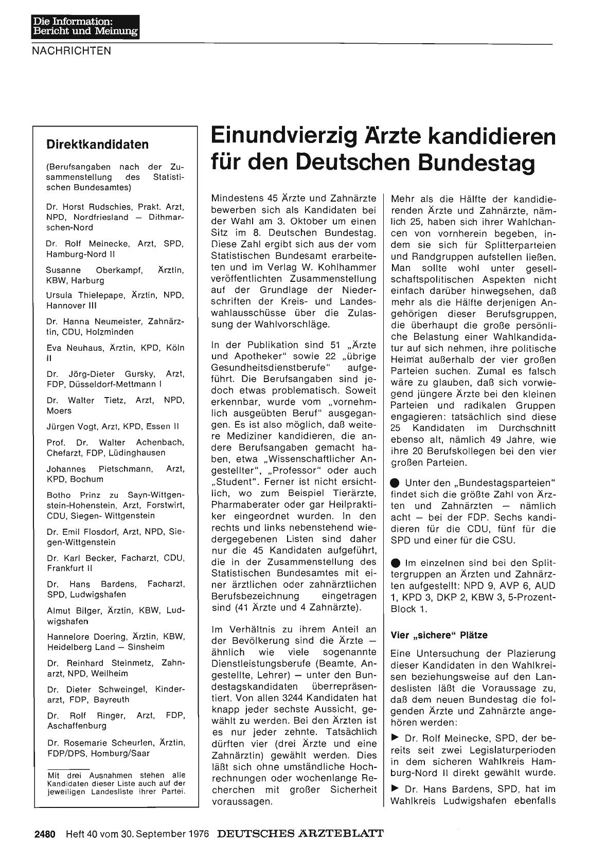 Vorschauseite 1: Einundvierzig Ärzte kandidieren für den Deutschen Bundestag