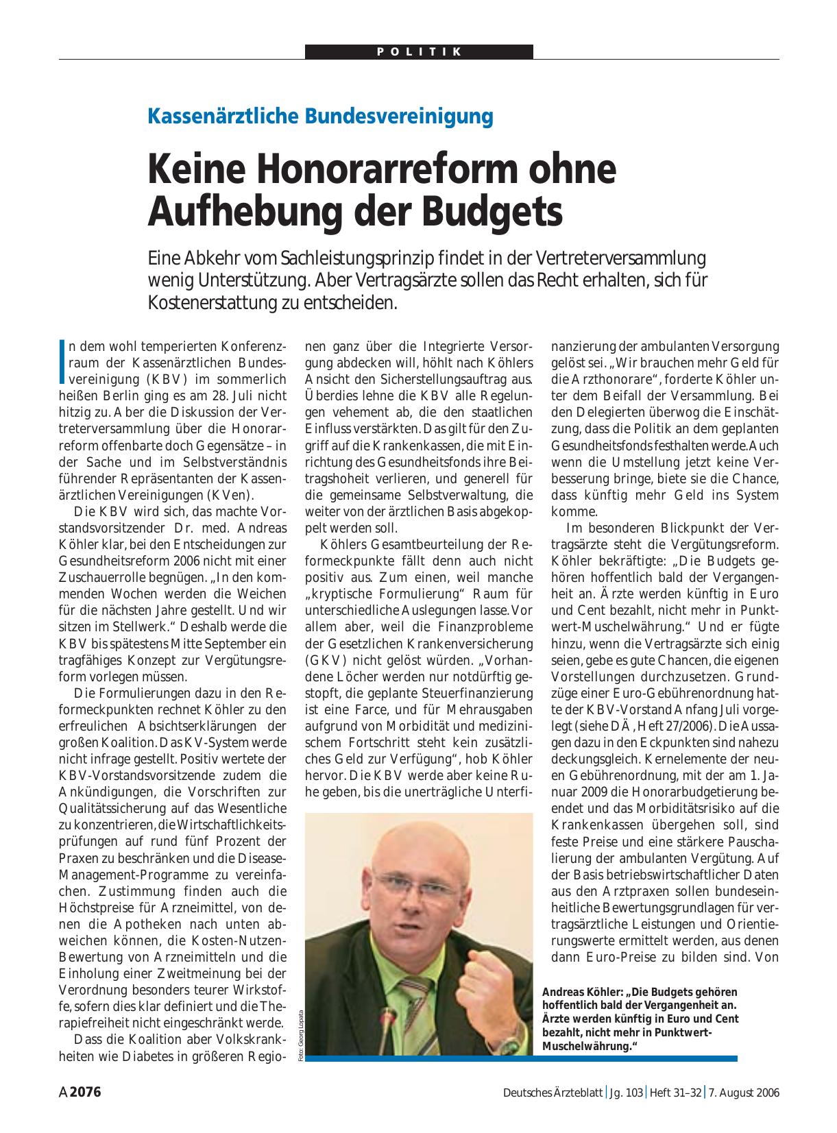 Vorschauseite 1: Kassenärztliche Bundesvereinigung: Keine Honorarreform ohne Aufhebung der Budgets