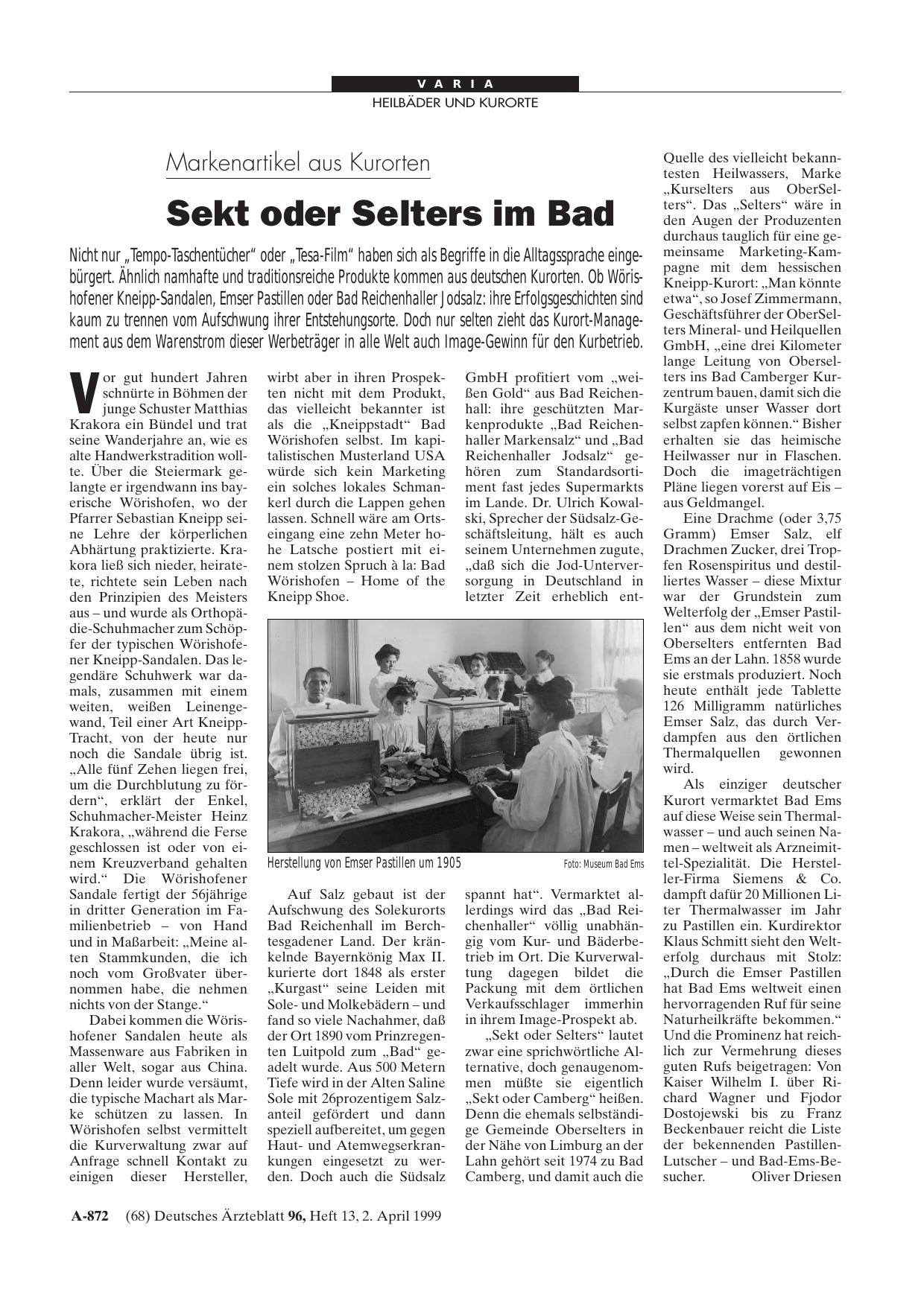 Vorschauseite 1: Markenartikel aus Kurorten: Sekt oder Selters im Bad