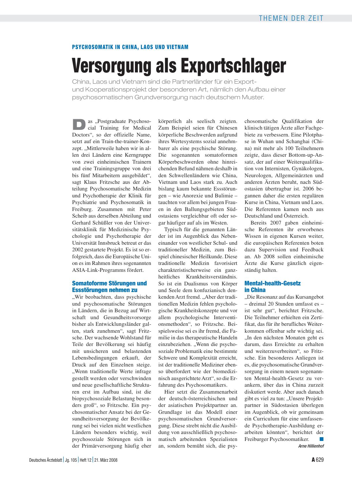 Vorschauseite 1: Psychosomatik in China, Laos und Vietnam: Versorgung als Exportschlager