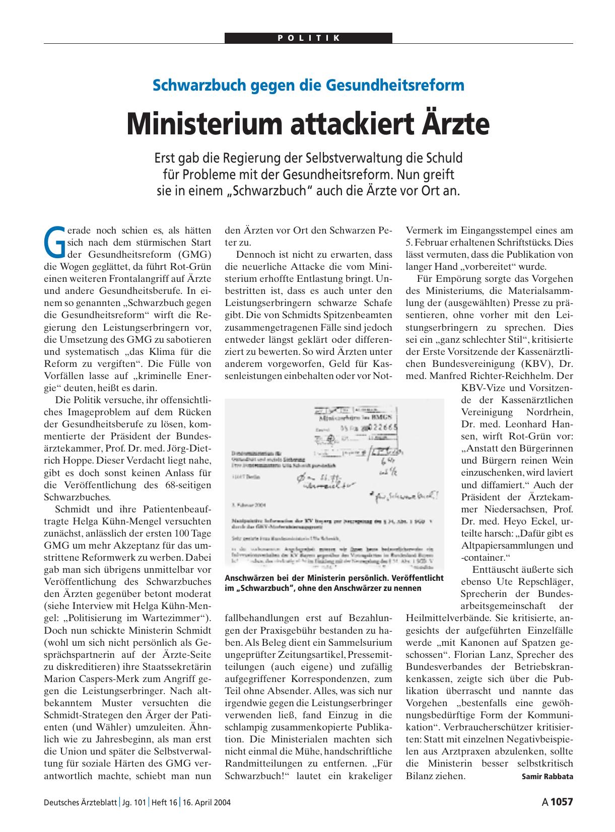 Vorschauseite 1: Schwarzbuch gegen die Gesundheitsreform: Ministerium attackiert Ärzte