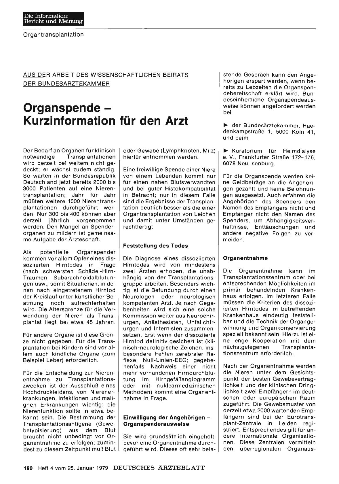 Vorschauseite 1: Organspende — Kurzinformation für den Arzt