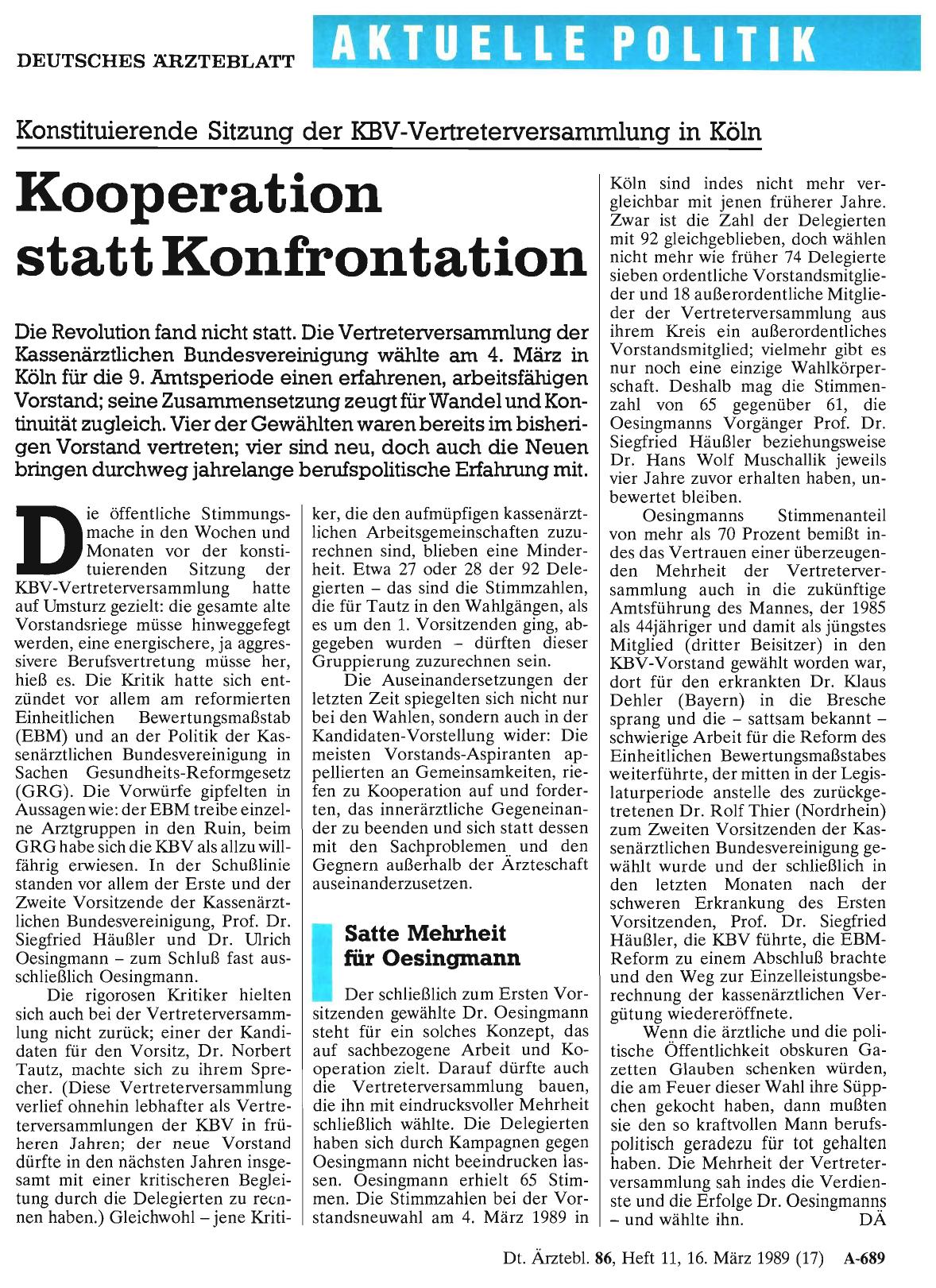 Vorschauseite 1: Konstituierende Sitzung der KBV-Vertreterversammlung in Köln: Kooperation statt Konfrontation