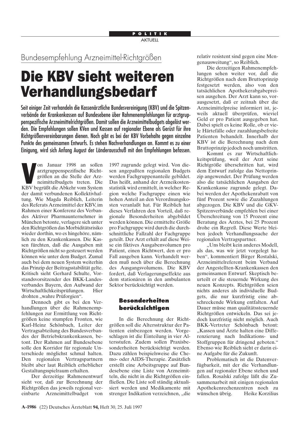 Vorschauseite 1: Bundesempfehlung Arzneimittel-Richtgrößen: Die KBV sieht weiteren Verhandlungsbedarf