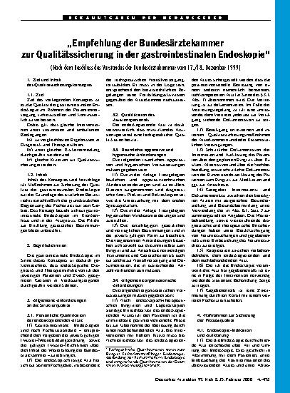 Vorschauseite 1: „Empfehlung der Bundesärztekammer: zur Qualitätssicherung in der gastrointestinalen Endoskopie„ (Nach dem Beschluss des Vorstandes der Bundesärztekammer vom 17. /18. Dezember 1999)