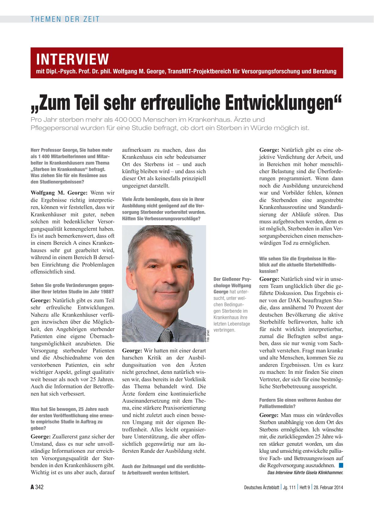 Vorschauseite 1: Interview mit Dipl.-Psych. Prof. Dr. phil. Wolfgang M. George, TransMIT-Projektbereich für Versorgungsforschung und Beratung: „Zum Teil sehr erfreuliche Entwicklungen“