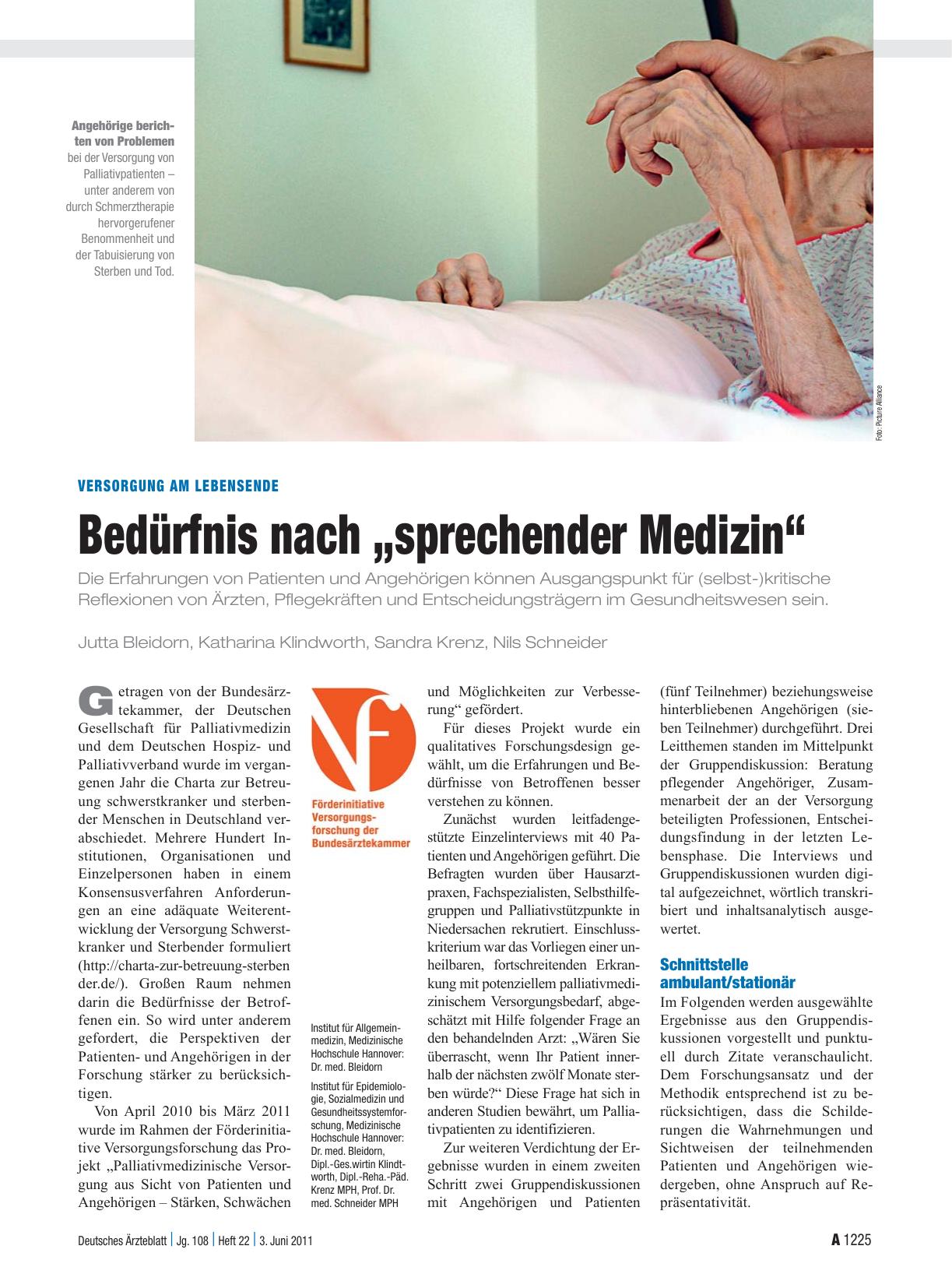 Vorschauseite 1: Versorgung am Lebensende: Bedürfnis nach „sprechender Medizin“