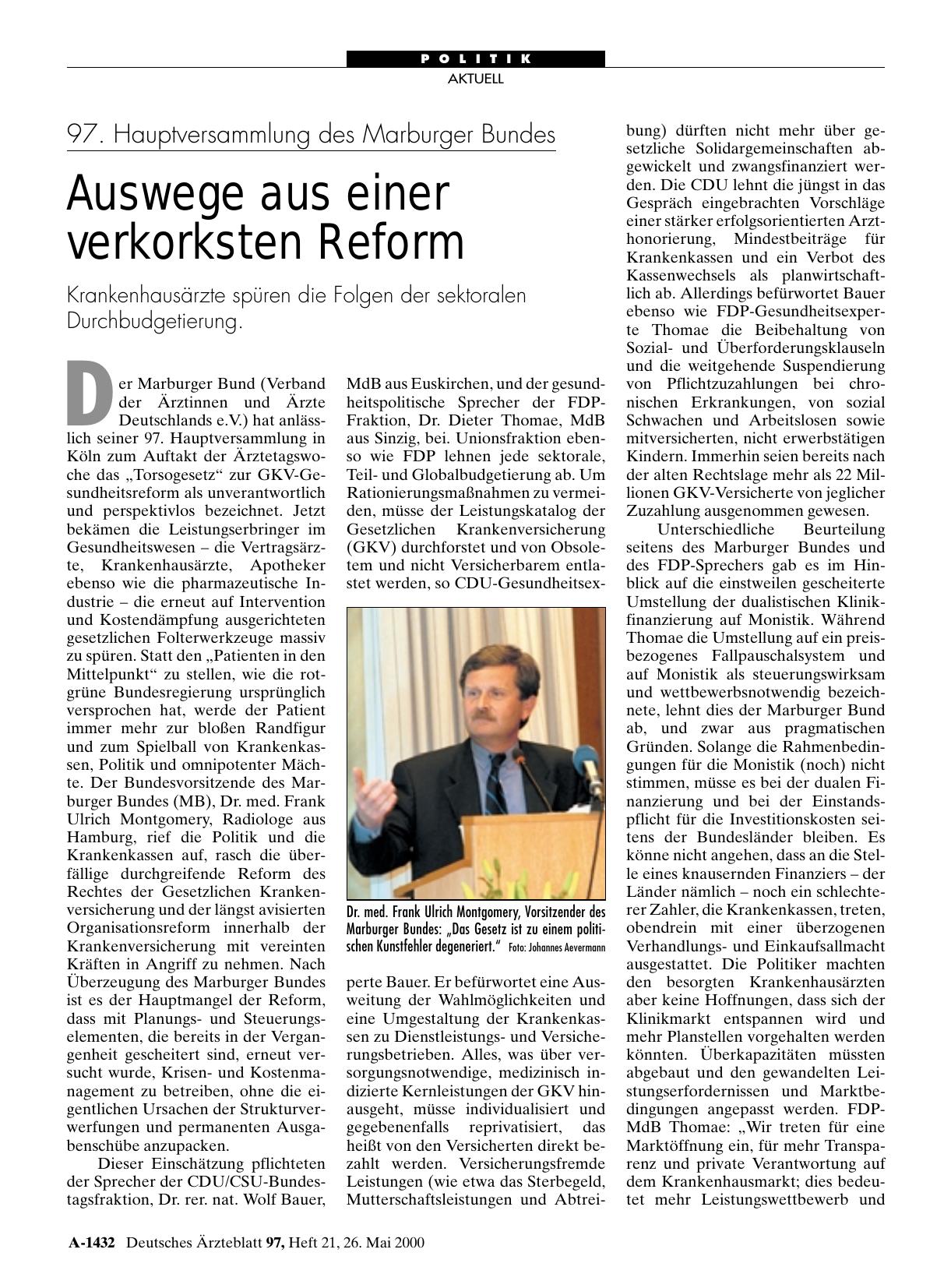 Vorschauseite 1: 97. Hauptversammlung des Marburger Bundes: Auswege aus einer verkorksten Reform