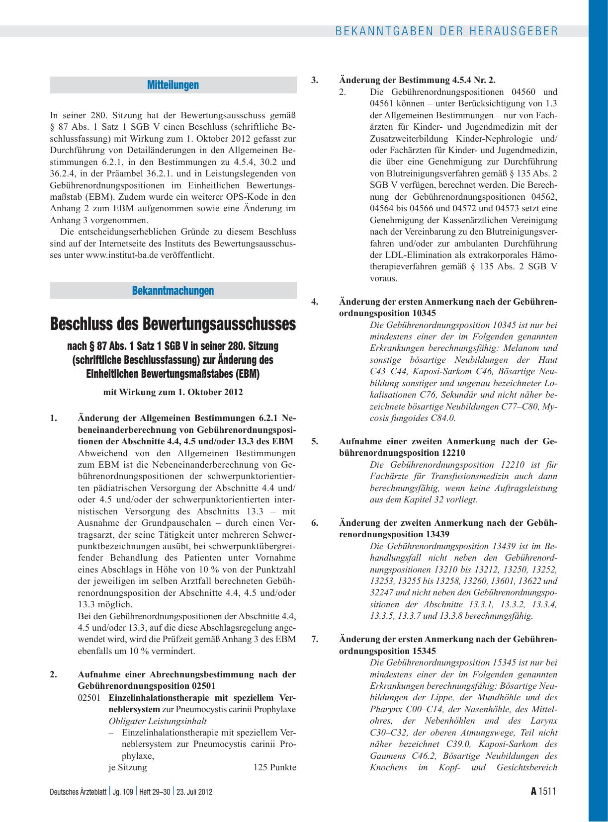 Vorschauseite 1: Beschluss des Bewertungsausschusses nach § 87 Abs. 1 Satz 1 SGB V in seiner 280. Sitzung (schriftliche Beschlussfassung) zur Änderung des Einheitlichen Bewertungsmaßstabes (EBM)