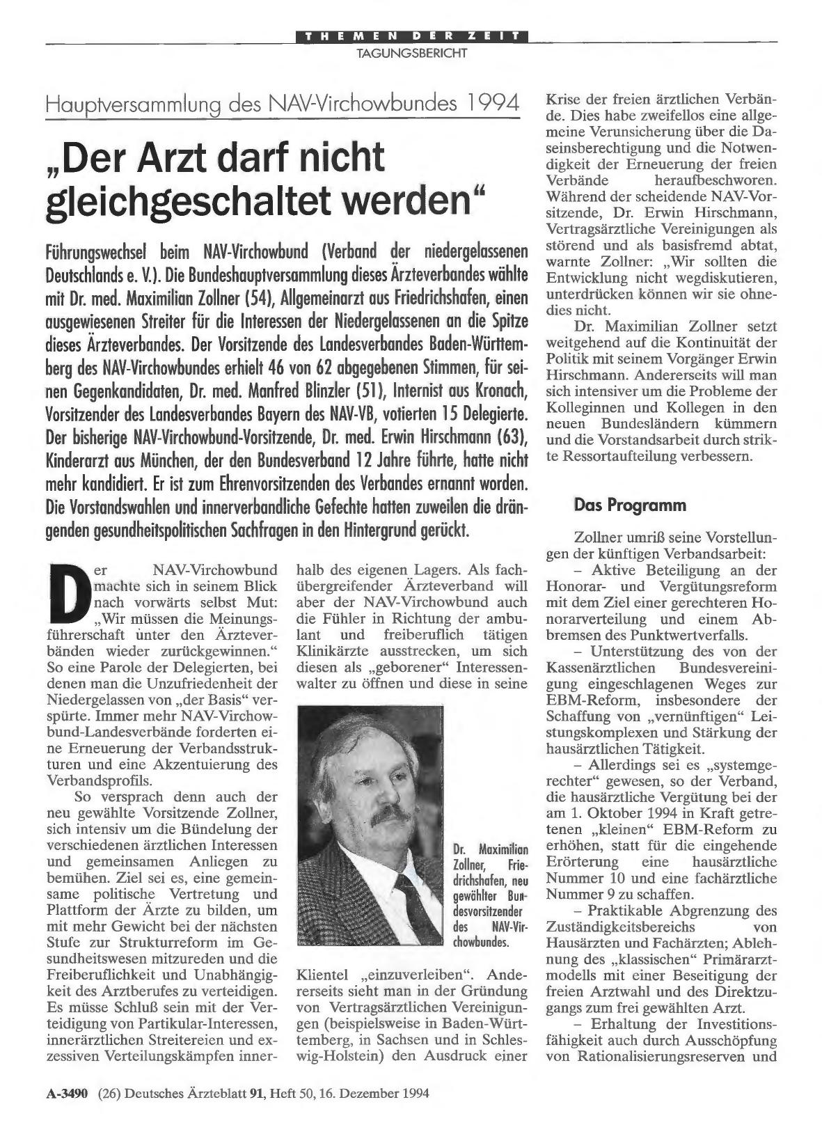 Vorschauseite 1: Hauptversammlung des NAV-Virchowbundes 1994: „Der Arzt darf nicht gleichgeschaltet werden“