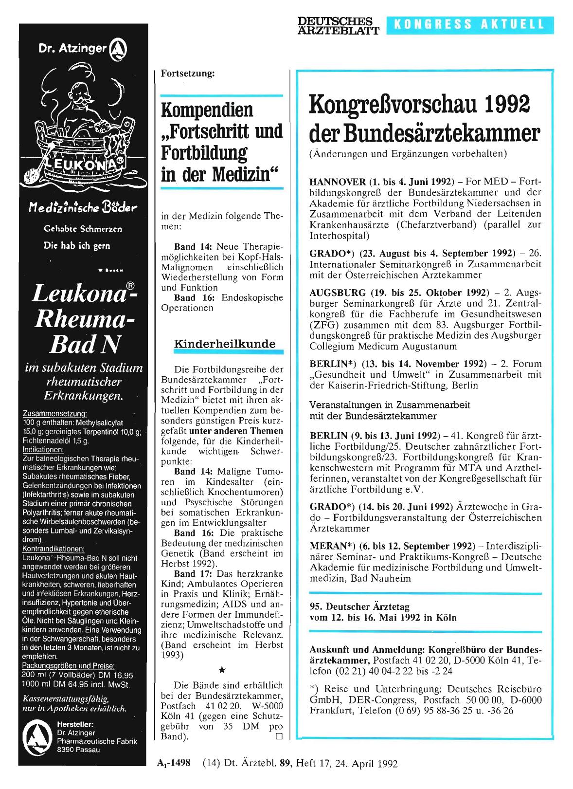 Vorschauseite 1: Kongreßvorschau 1992 der Bundesärztekammer