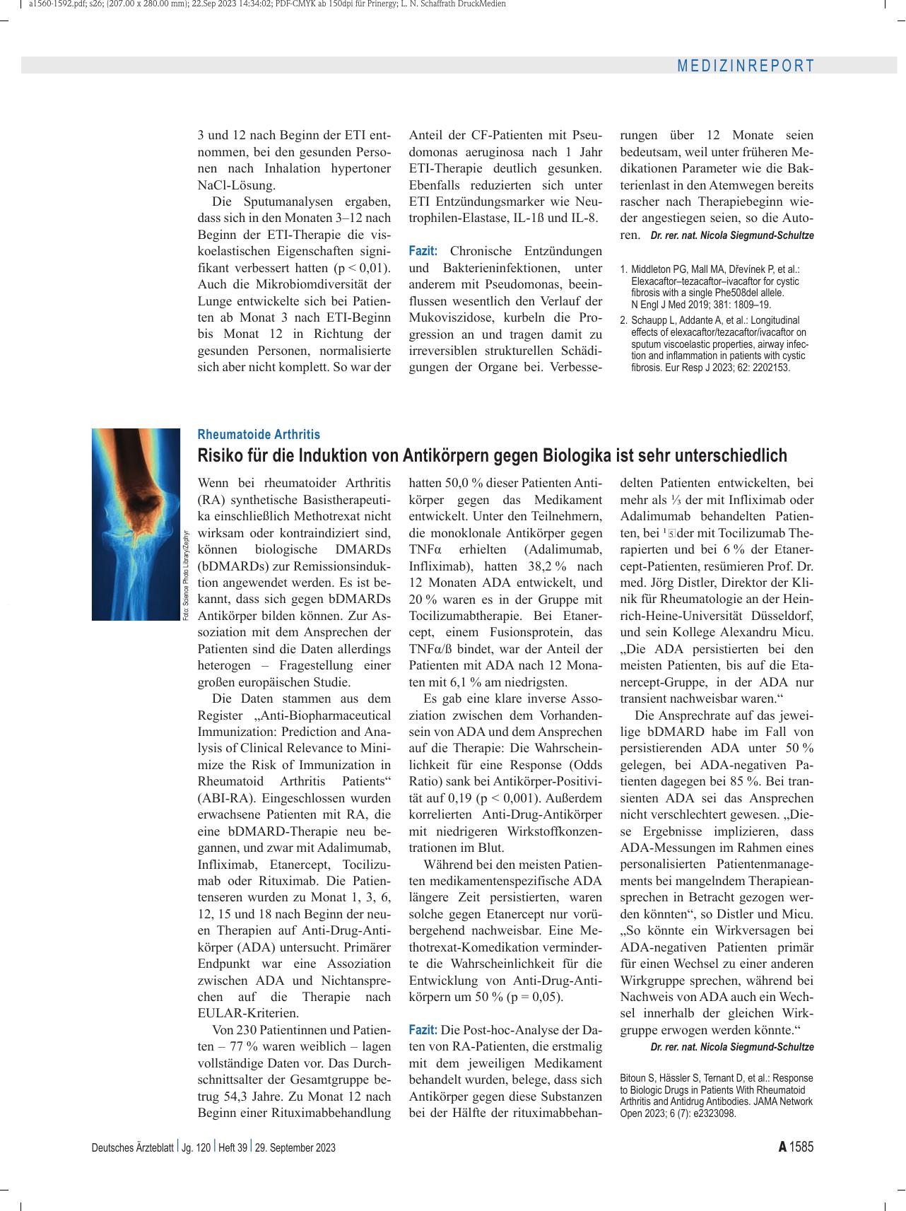 Vorschauseite 1: Rheumatoide Arthritis: Risiko für die Induktion von Antikörpern gegen Biologika ist sehr unterschiedlich.