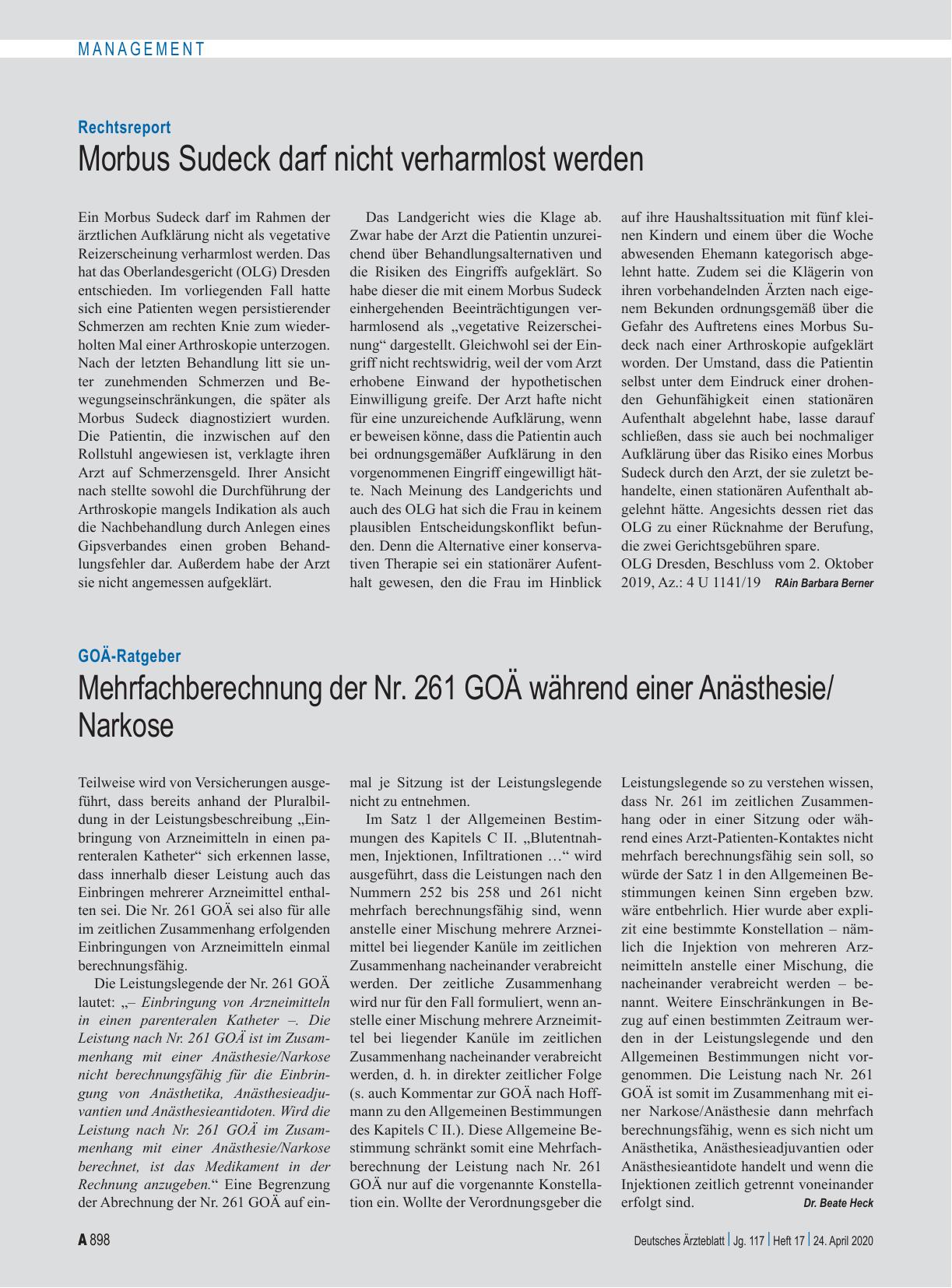 Vorschauseite 1: Rechtsreport: Morbus Sudeck darf nicht verharmlost werden