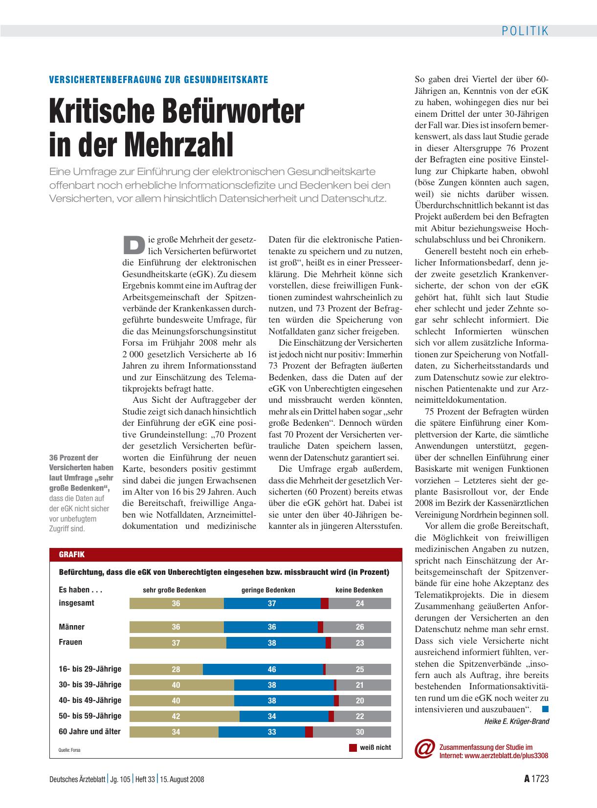 Vorschauseite 1: Versichertenbefragung zur Gesundheitskarte: Kritische Befürworter in der Mehrzahl